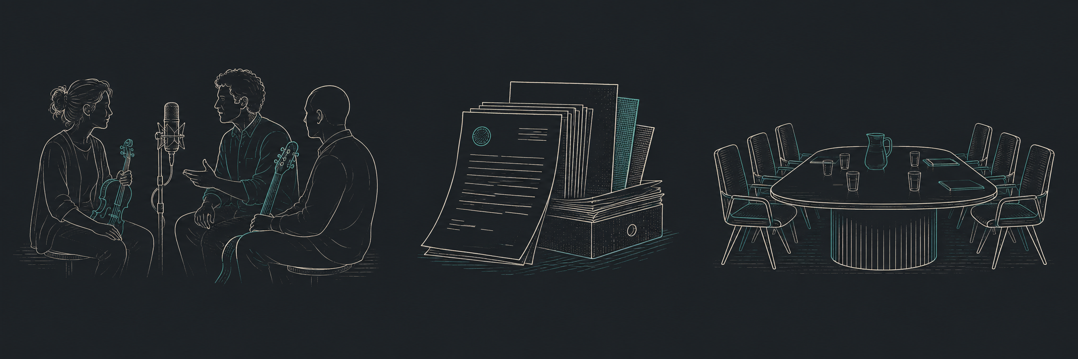 Conceptual illustration of musicians in discussion, a public record, and an institutional meeting, separated by gaps.